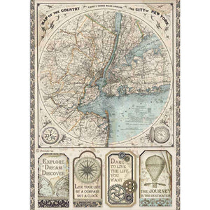 Stamperia Map of New York, Sir Vagabond - A4 Rice Paper Sheet DFSA4515 - Steampunk City Travel Vintage Journal