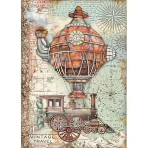 Stamperia Vintage Travel, Sir Vagabond - A4 Rice Paper Sheet DFSA4517 - Steampunk Train Hot Air Balloon