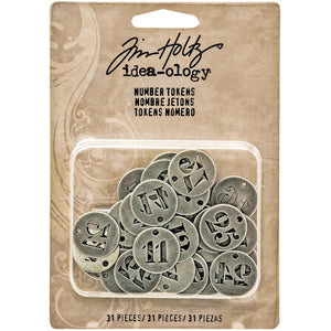 Tim Holtz Idea-ology: Number Tokens - TH93244 - 31 pieces - Mixed Media Assemblage Art Metal Tag Silver Charms Christmas