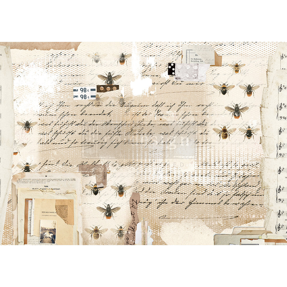 Prima Re-Design - Mysterious Notes - Decoupage Decor Rice Paper - 11.5″x 16.25″ - Bees Collage Script Papers