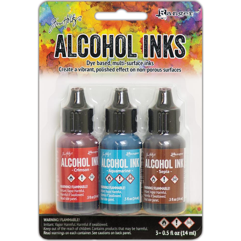 Tim Holtz Rodeo Alcohol Ink Set .05oz - Ranger Crimson Aquamarine Sepia